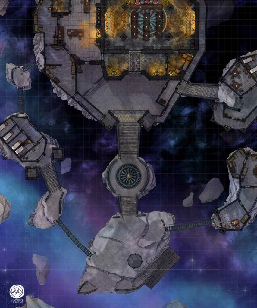 A marble and stone bastion built on floating islands of rock connected by dark iron chain walkways and stone stairs. The background suggests a fantastical realm of space.
