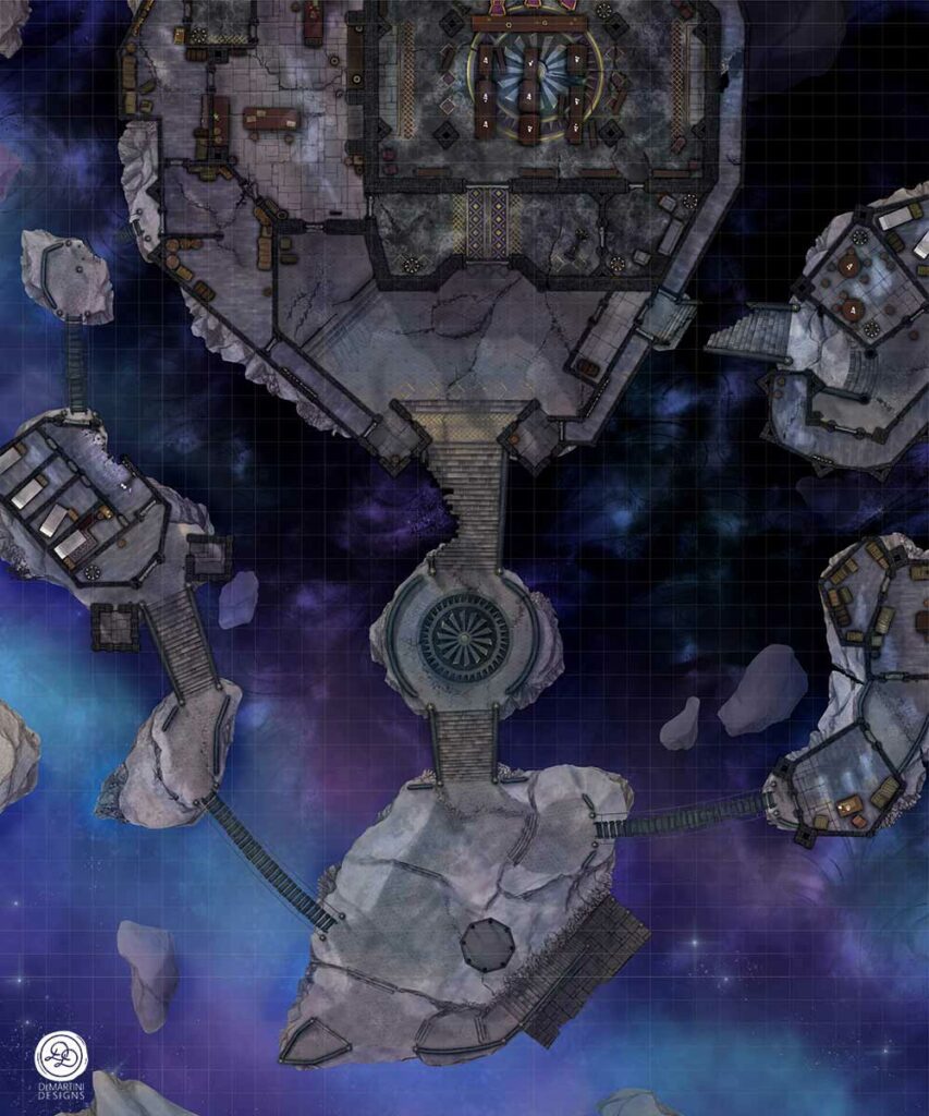 A run down marble and stone bastion built on floating islands of rock connected by dark iron chain walkways and stone stairs. The background suggests a fantastical realm of space.