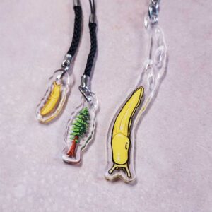 Tiny Slug, Tiny Redwood, and Slimetrail Slug keychains