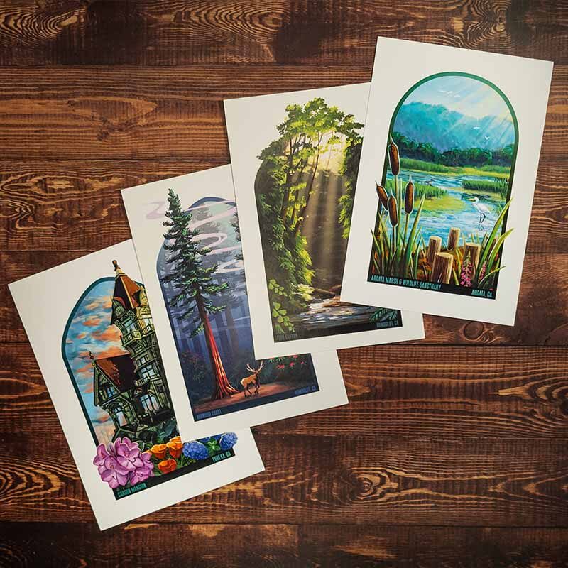 Designs L to R: Carson Mansion, Redwood Coast, Fern Canyon, Arcata Marsh
